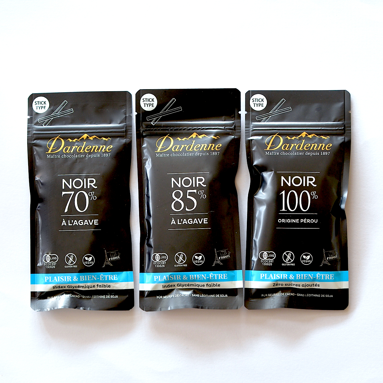ダーデンアガベチョコスティックシリーズ３種各１袋（カカオ70％、カカオ85％、カカオ100％）